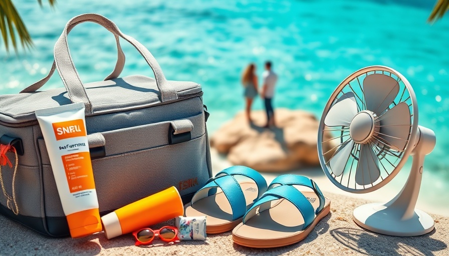 Summer travel essentials including sunscreen and gear on a beach.