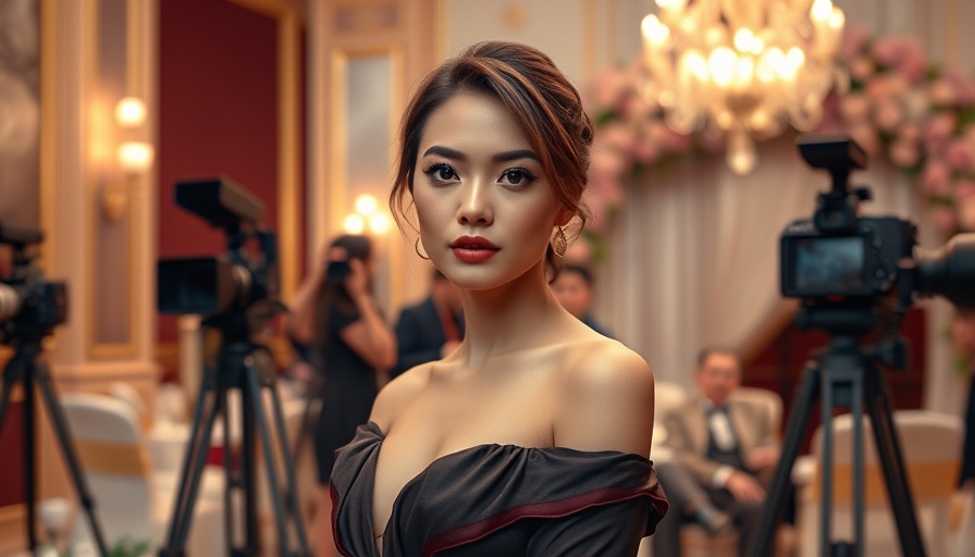 Elegant woman posing at an event with floral decor and cameras.