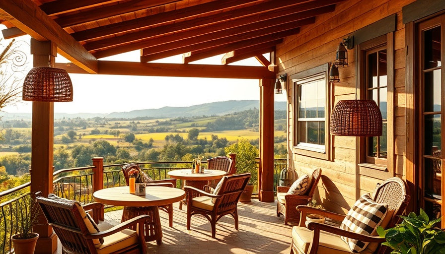 Charming patio with wooden furniture overlooking French scenery