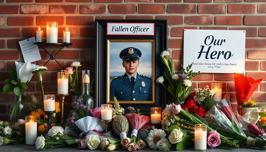 Memorial for fallen officer with candles and flowers.
