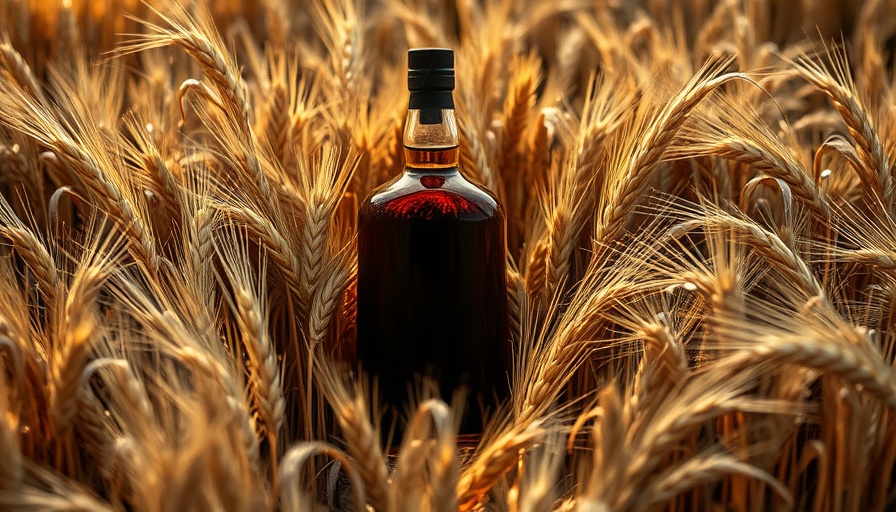 Abstract whiskey bottle silhouette in wheat field highlighting transparency.