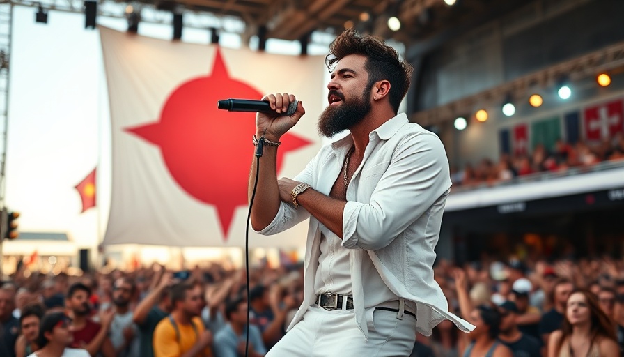 Singer performing at Glastonbury with large flag backdrop.