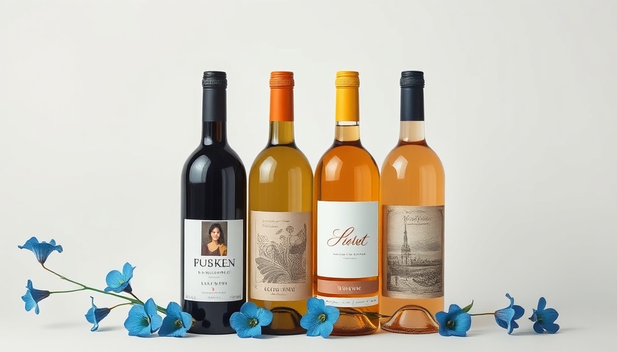 Three wine bottles with artistic labels and blue flowers in a minimalist setting.