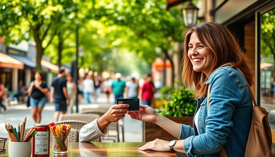 Smiling woman paying credit card annual fees at outdoor cafe.