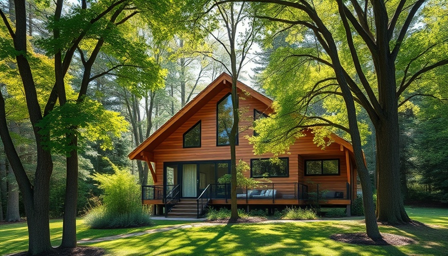 Modern wooden house in Malibu, surrounded by trees, peaceful setting.