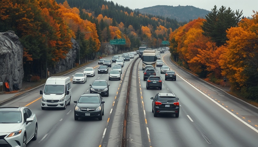 Fourth of July travel scene with heavy traffic on a lush highway.
