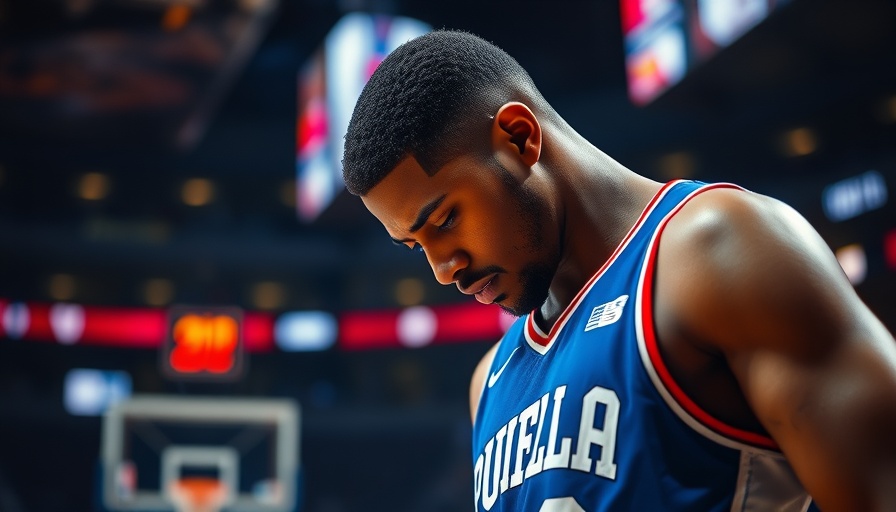 Eric Gordon in a Sixers jersey, focused and contemplative.