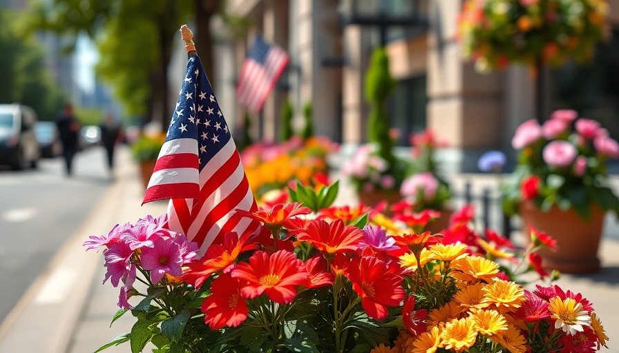 July 4th decorative flag in flower pot on sunny street