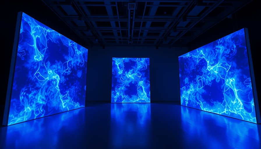 Rafik Greiss photography showcasing vibrant digital art installations in a dark room.