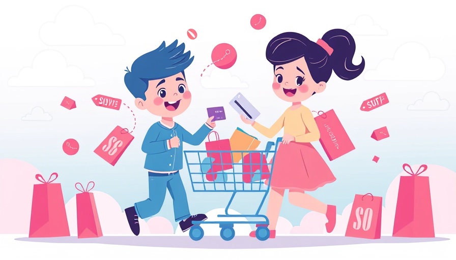 Whimsical cartoon of online shopping with discounts and travel accessories.