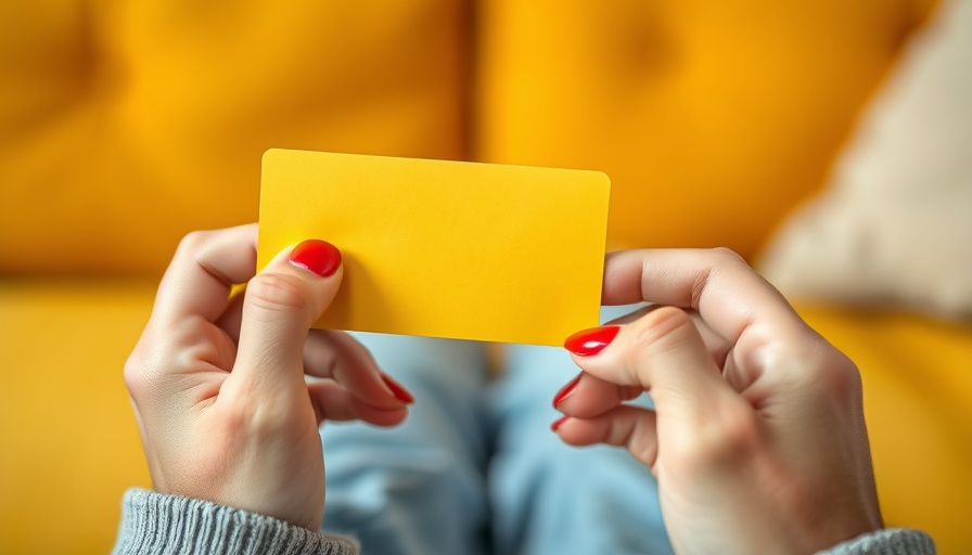 Person holding smartphone and yellow card in a modern setting.