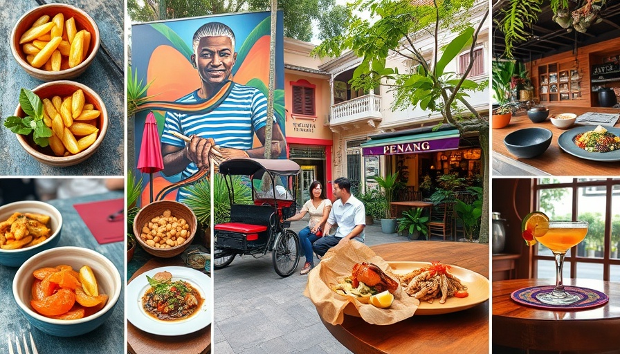 Collage of Penang food and street scenes, vibrant and diverse.