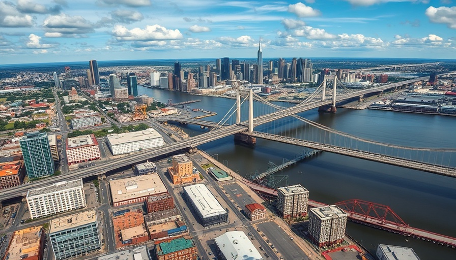 Aerial view of New Orleans skyline and bridge over the Mississippi River.