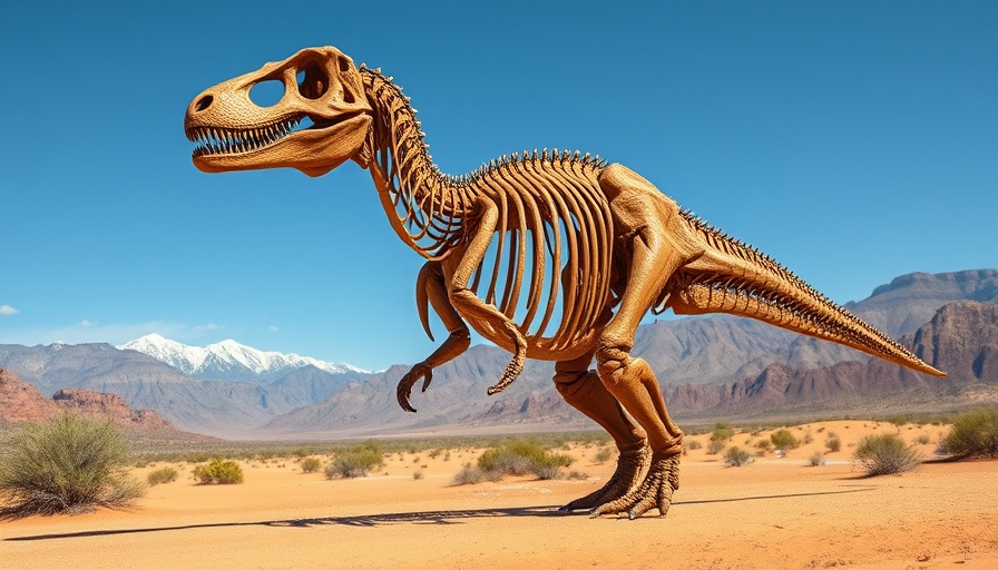 Juvenile ceratosaur dinosaur fossil in desert with mountain view.