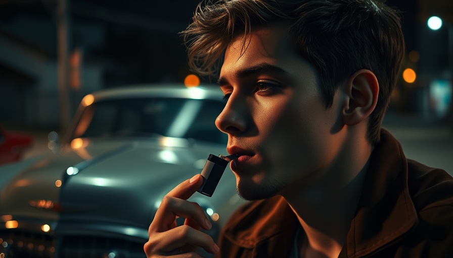 Retro young man with Juul reflecting on FDA approval of Juul e-cigarettes.