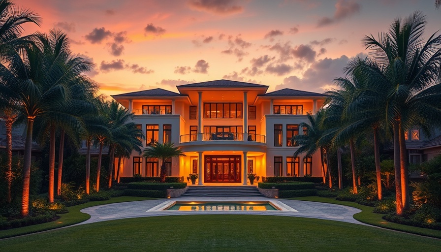 Luxurious Florida mansion with elegant facade and palm trees at sunset.