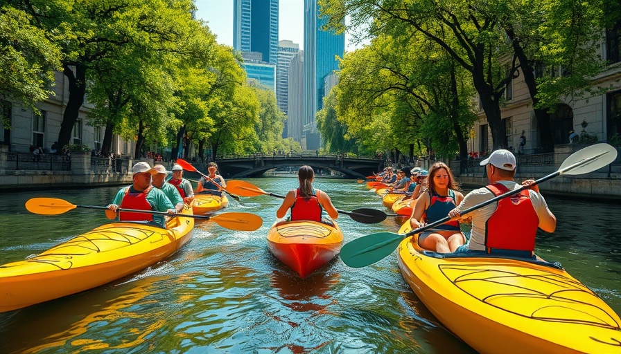 Kayakers paddling on a river in Philadelphia with trees.