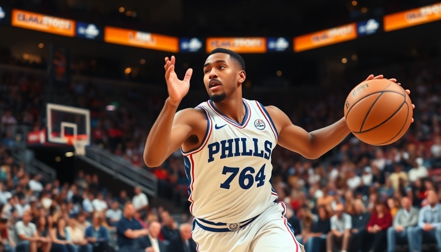Sixers player in action, passing ball during game, arena crowd visible.