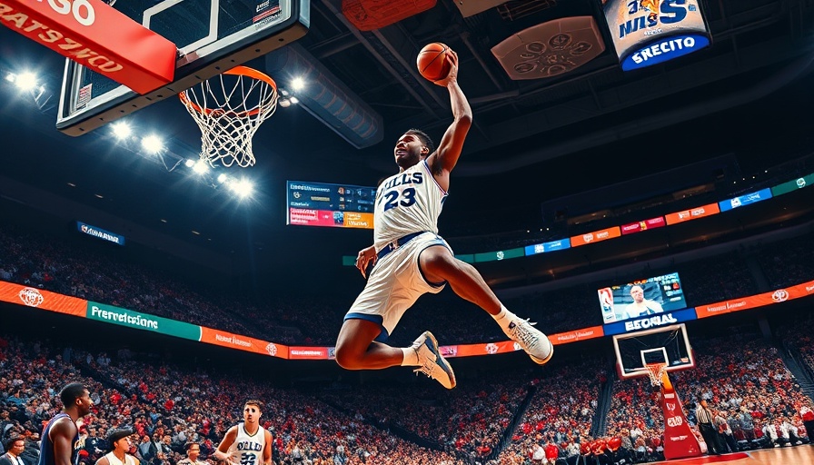 Philadelphia 76ers player dunking during game action.