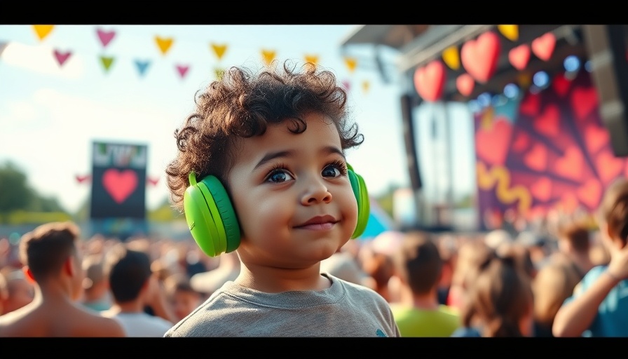 Child with ear protection at concert, vibrant outdoor scene.