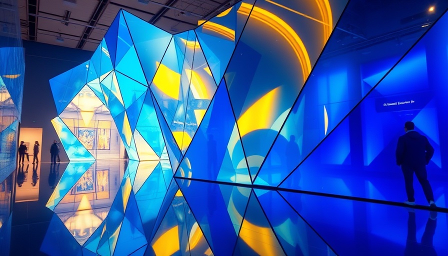 Abstract geometric art installation with vibrant blue and yellow reflections
