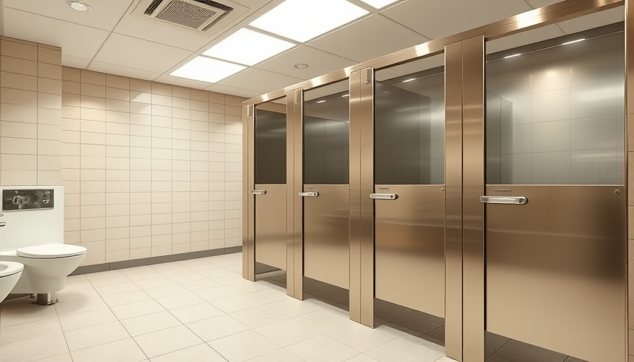 Modern clean public restroom in Philadelphia with polished stall doors.