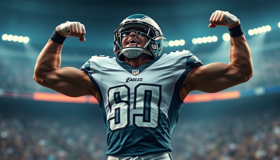Eagles player flexing muscles in intense game moment, 2025 roster.