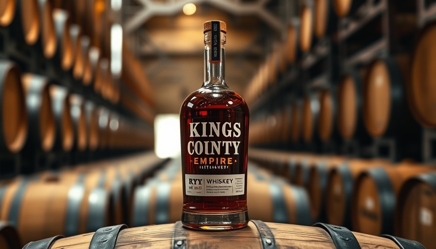 Kings County Empire Rye Whiskey bottle on a wooden barrel in a distillery.