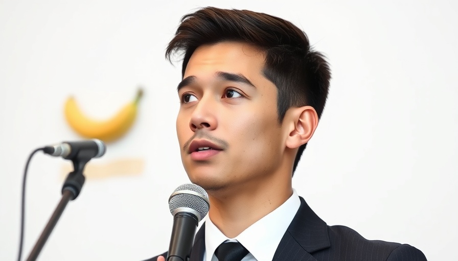 Young man in black suit speaking at an event, blurred background.
