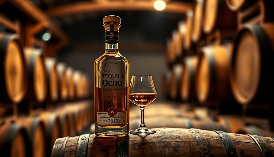 Tequila Ocho Barrel Proof Reposado bottle and glass on a barrel.