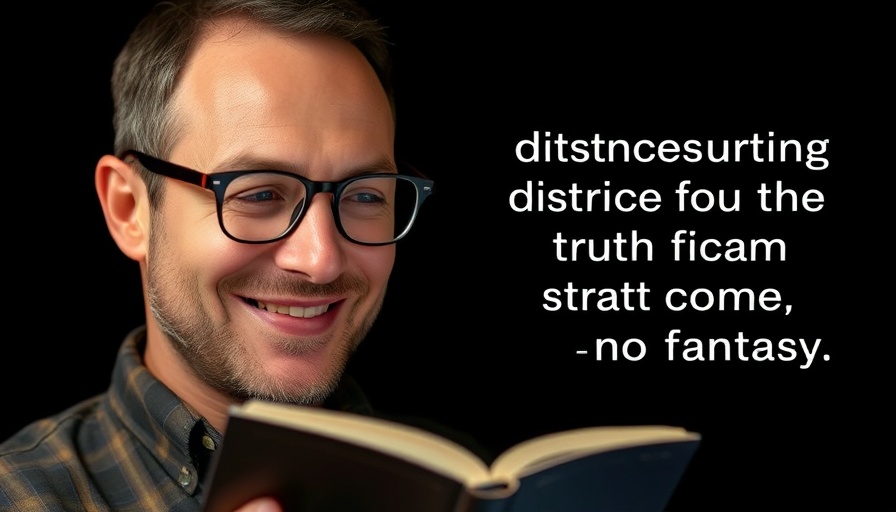 Inspirational quote on distinguishing truth from fantasy with a smiling man's portrait.