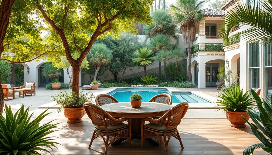 Charming 1920s Los Angeles villa patio with pool and greenery.