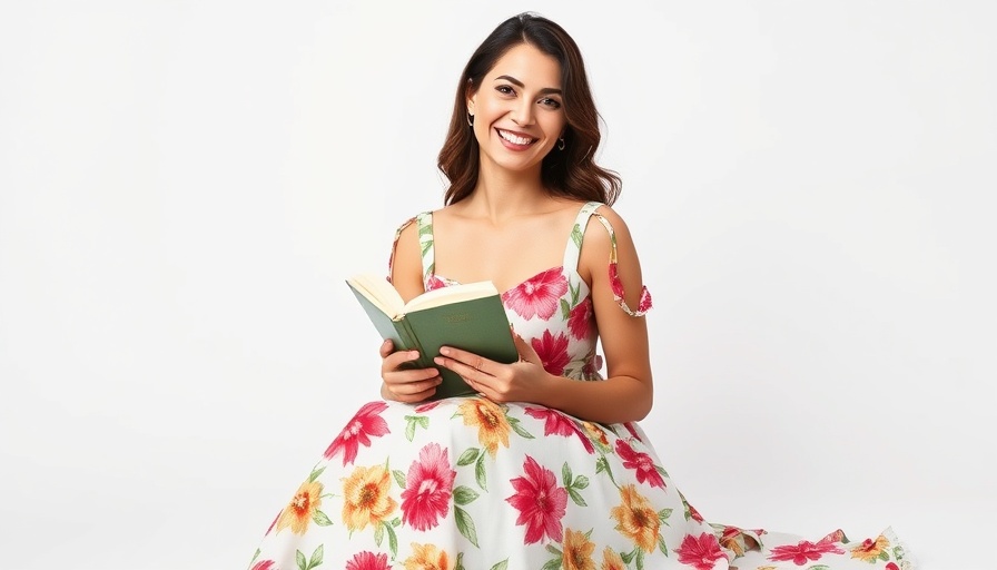 Author journey in Philadelphia: Woman in a flowery dress holding a book, smiling.