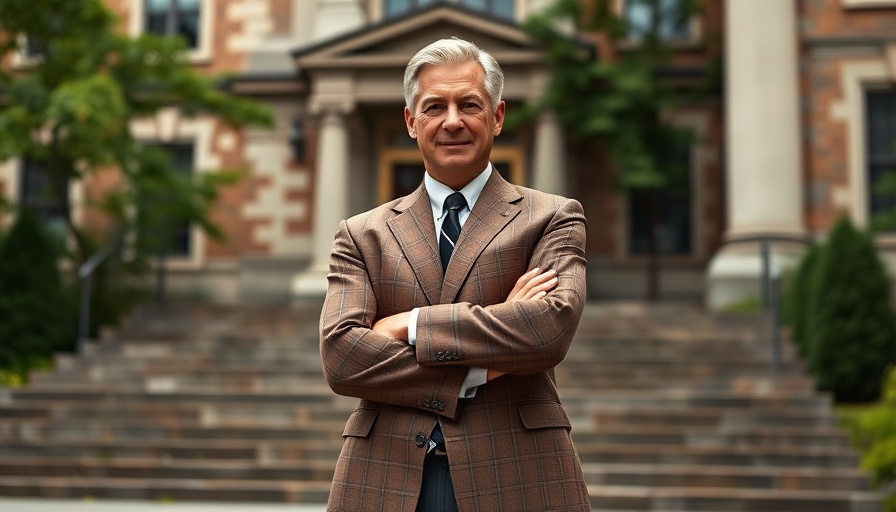 A middle-aged man in a plaid suit stands confidently outside an academic building.