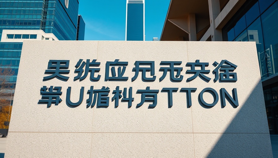Modern architectural detail with stone inscription under blue sky.