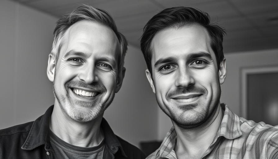 Black and white portrait of two men in casual wear.