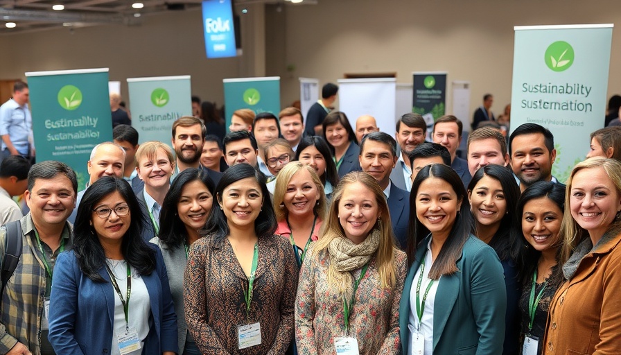 Sustainability event attendees posing together, promoting climate action advocacy.