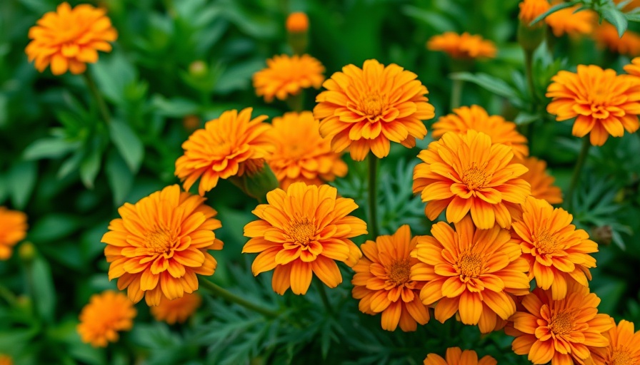 Vibrant marigold flowers in a lush green field, full bloom.