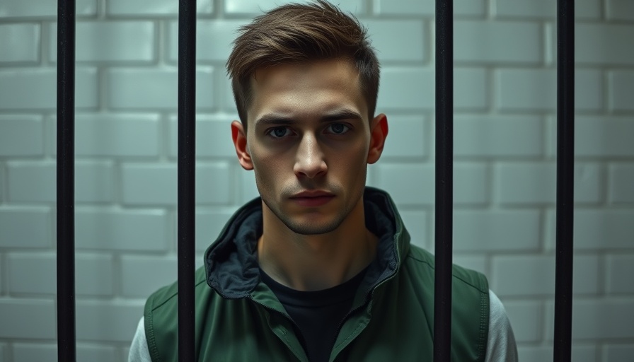 Young man in jail, neutral expression, green vest.