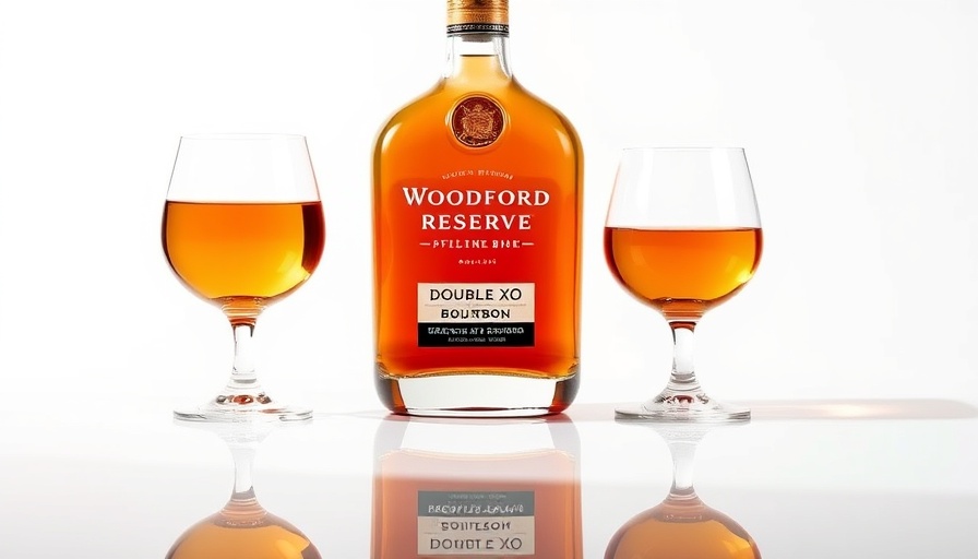 Woodford Reserve Double XO Blend Bourbon with two glasses.
