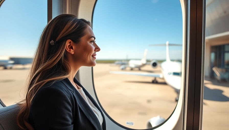 Professional woman at airport terminal observing private jet outside, suitable for illustrating best credit card for business expenses.