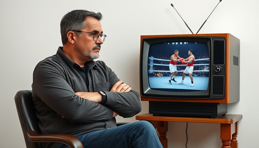 Contemplative man by vintage TV showing boxing, embodying introspection.