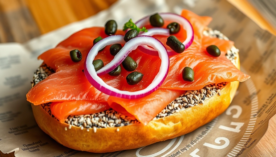 Iconic New York City bagel with lox and capers on branded paper.