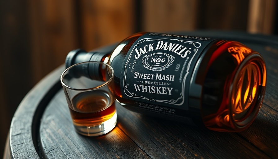 Jack Daniel's sweet mash whiskey on wooden barrel with glass.