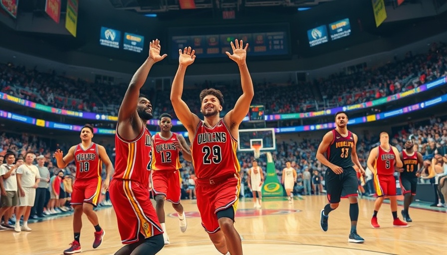 NBA players celebrate on court, showcasing teamwork and excitement.