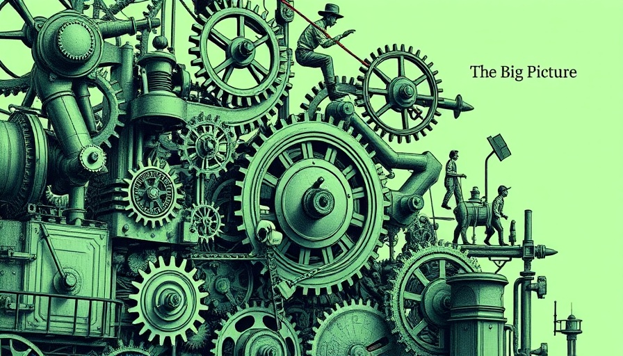 Conceptual illustration of economic mechanics with vintage gears and figures.