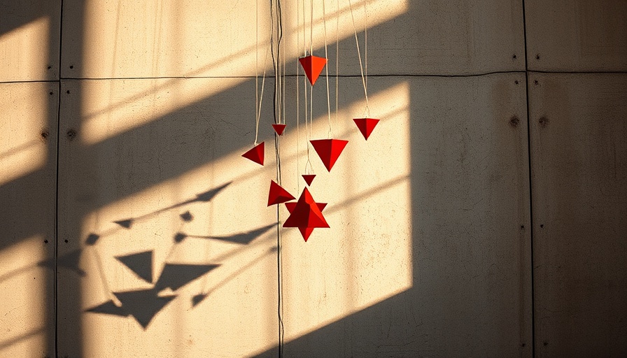 Geometric red mobile casting shadows on a textured wall, artistic installation.