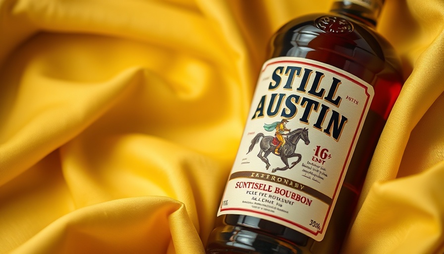 Still Austin Distillery Bourbon Release bottle on yellow fabric.