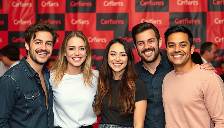 Individuals smiling together at an event with branded backdrop.
