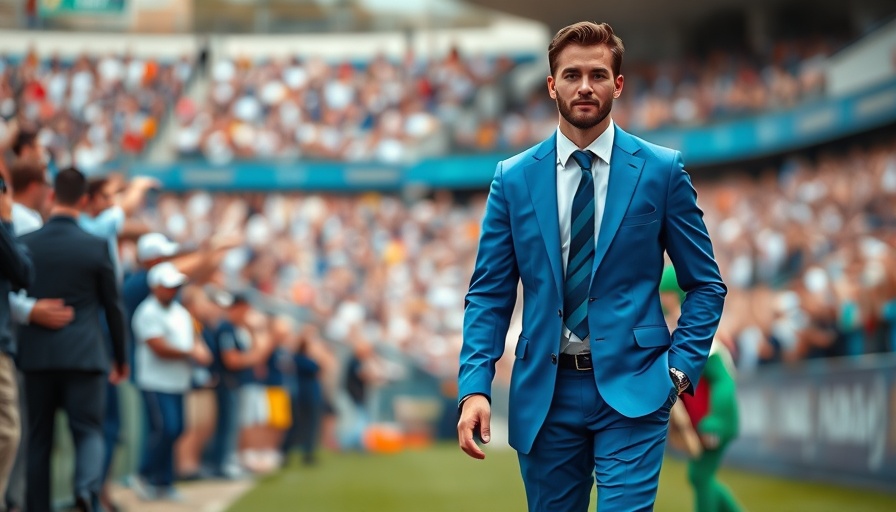 Man in blue suit at sports event with fans and mascot.
